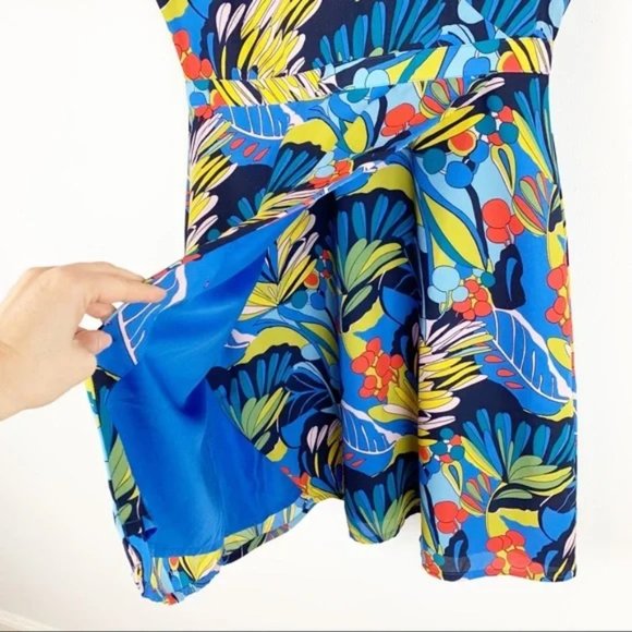 J. CREW • Mercantile Blue Tropical Palm Floral Faux Wrap Dress SIZE 4 EUC - Picture 5 of 9